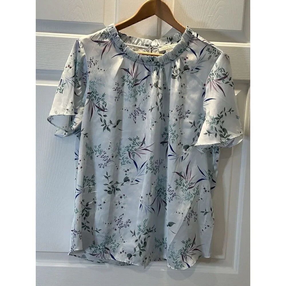 Cooper & Ella Womens Size XL Light Blue Floral Ruffle Neck Blouse Top